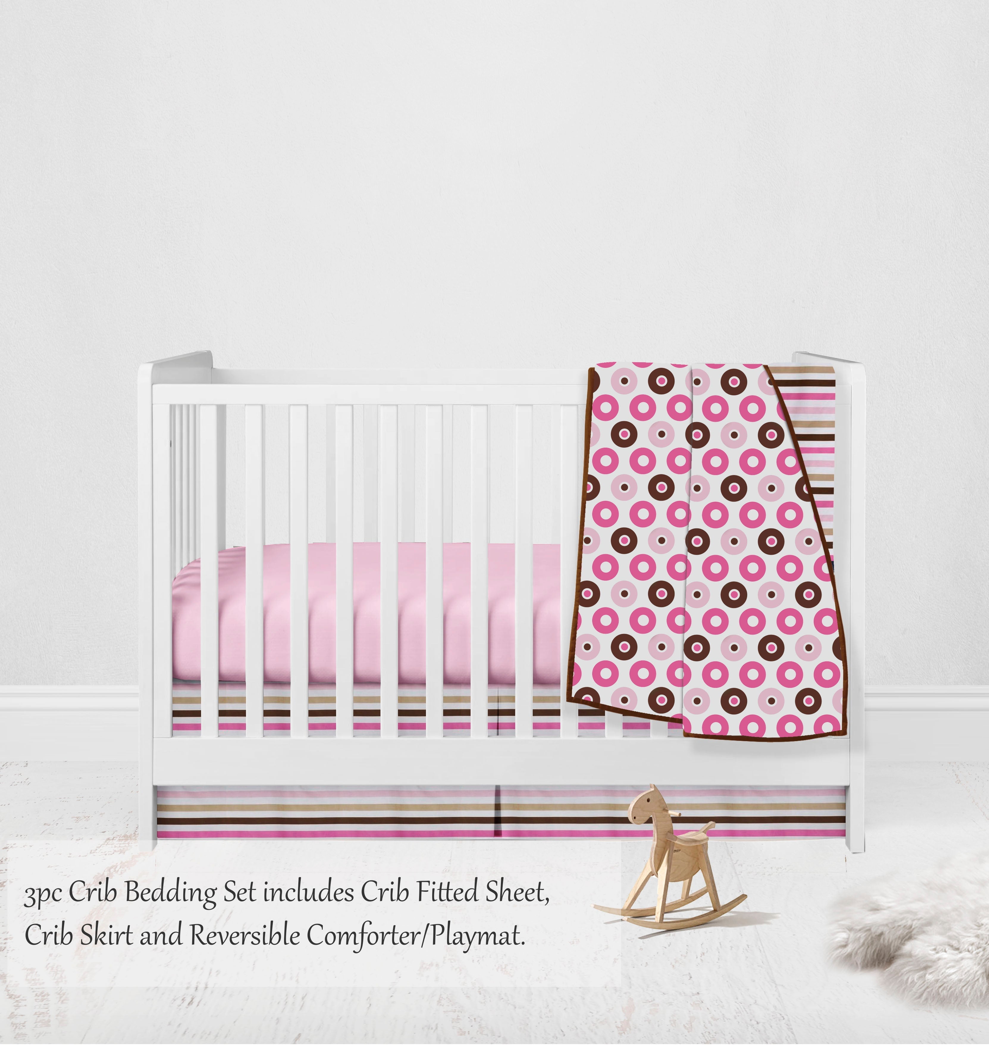 Bacati - Mod Dots Stripes 3-Piece Crib Bedding Set - Pink/Beige/Chocolate Girls