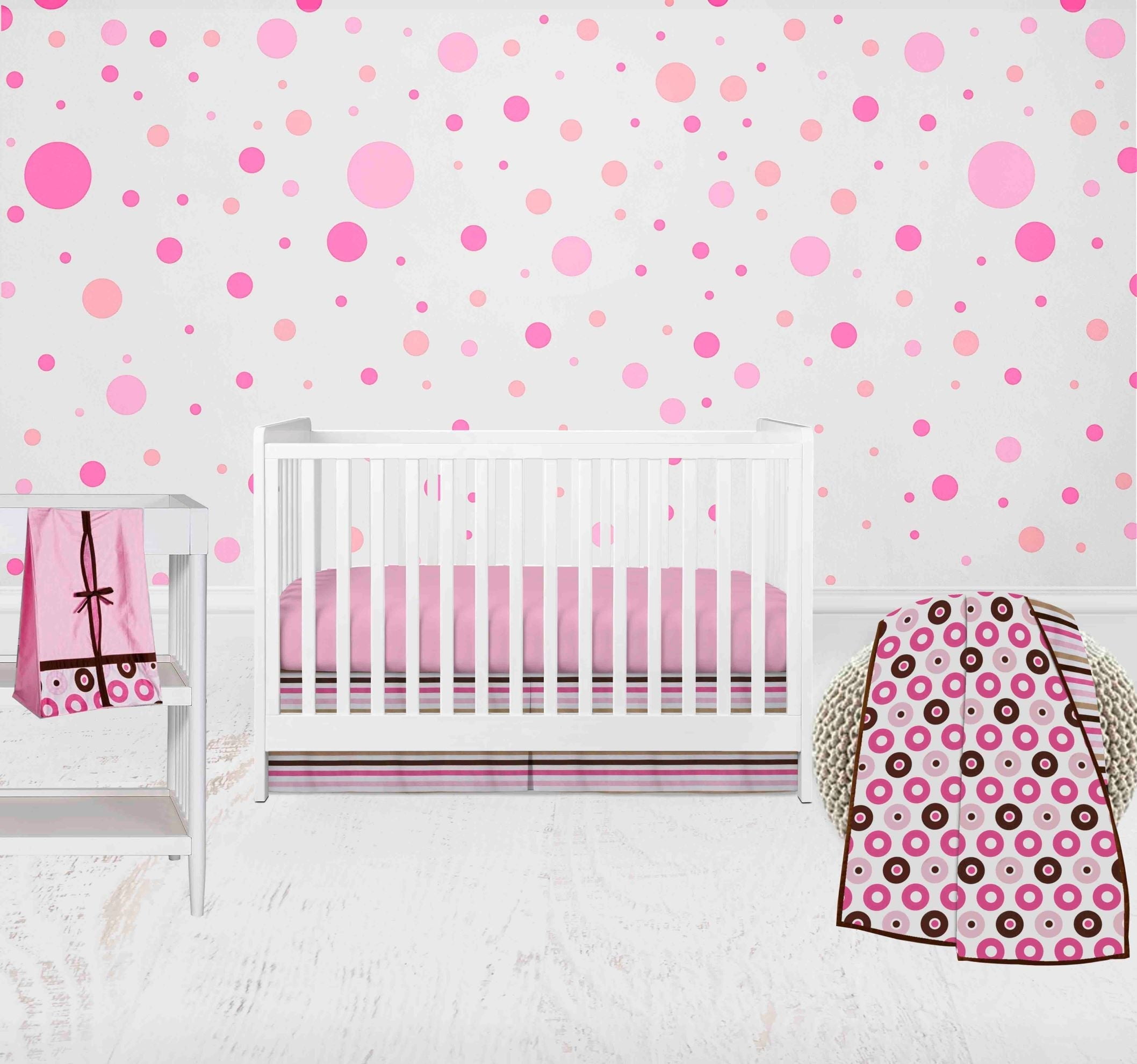 Bacati - Mod Dots Stripes 4-Piece Crib Bedding Set with Diaper Stacker - Pink/Beige/Chocolate Girls