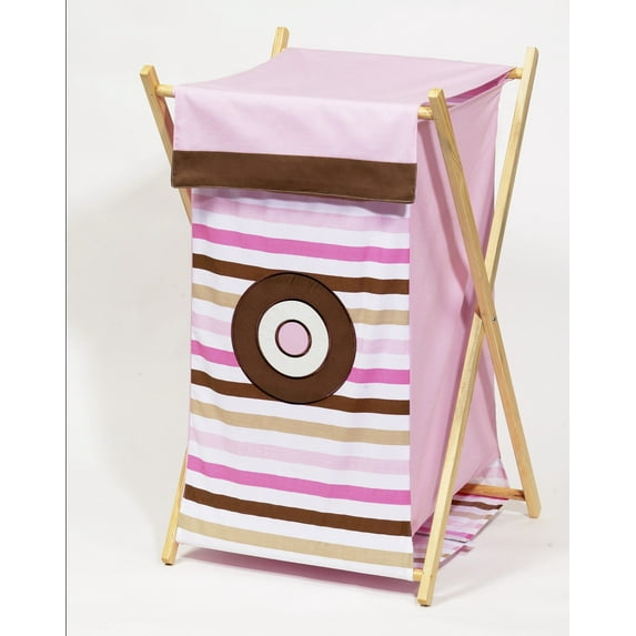 Bacati - Mod Dots/Stripes Girls Laundry Hamper with Wooden Frame Pink Beige Brown