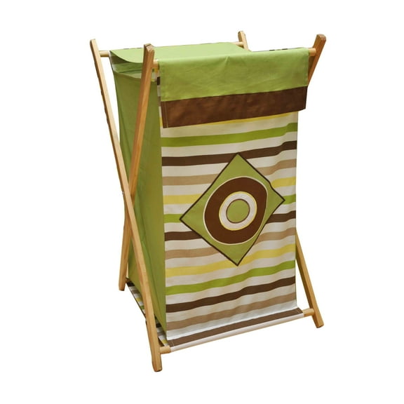 Bacati - Mod Dots/Stripes Neutral Laundry Hamper with Wooden Frame Green Yellow Beige Brown