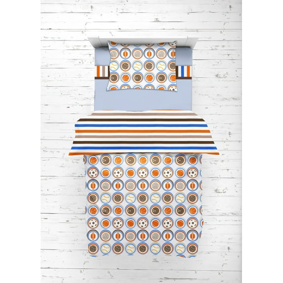 Bacati Sports 4-Piece Toddler Bedding Set, Blue/Orange/Chocolate, Cotton, Toddler Bed