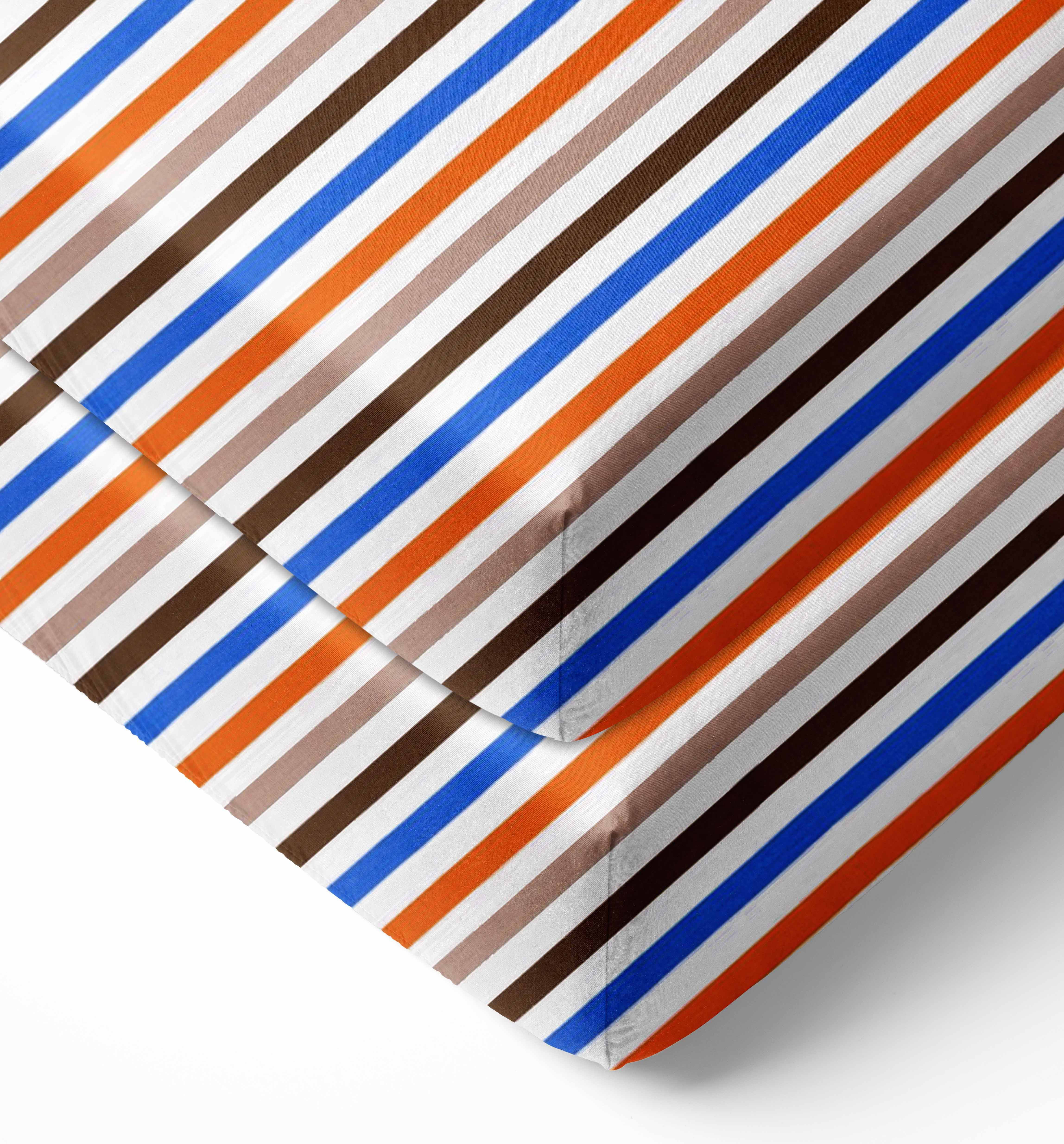 Bacati - Mod Stripes Crib/Toddler Bed Fitted Sheets 100% Cotton Percale, Blue/Orange/Choc, 2-Pack
