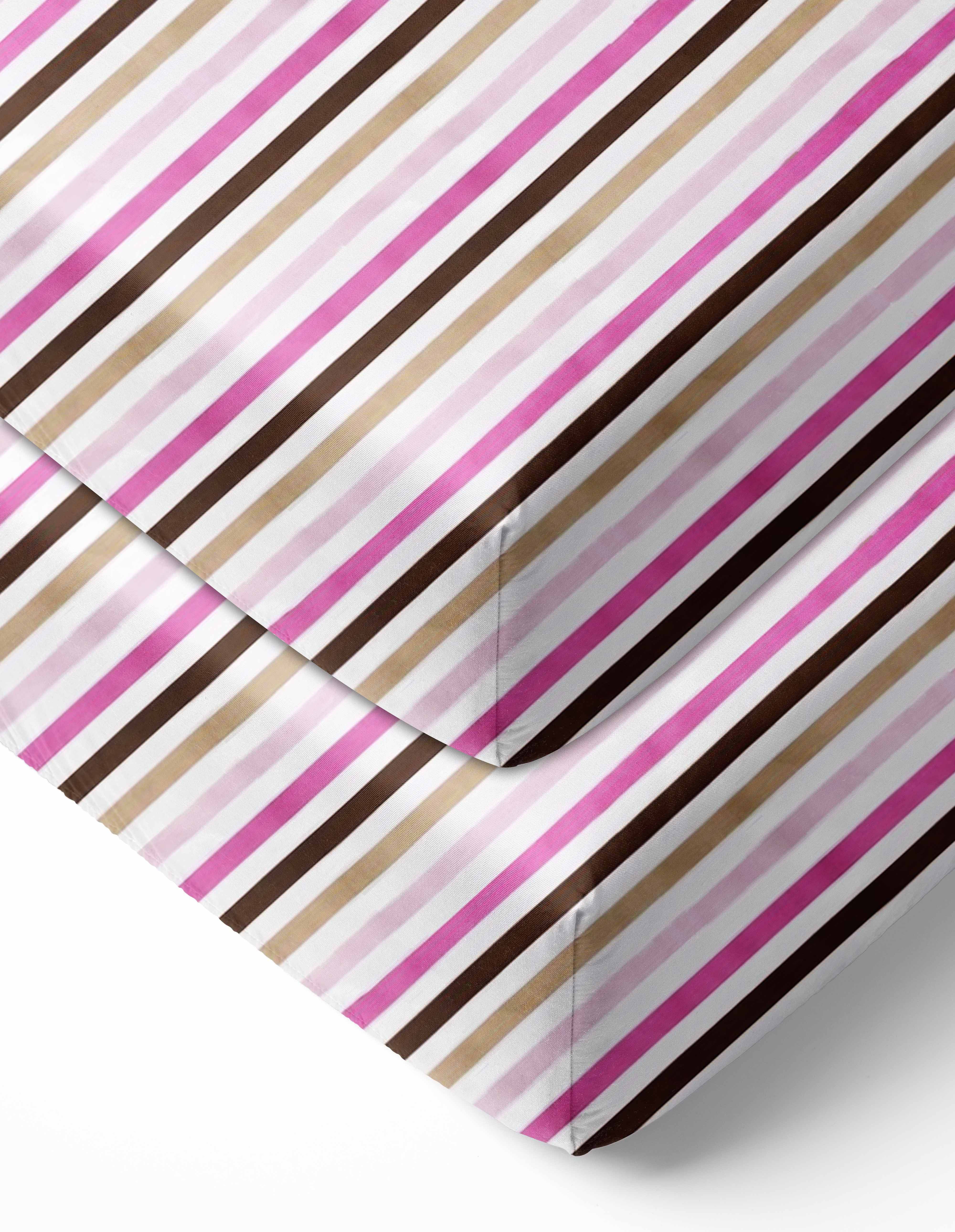 Bacati - Mod Stripes Crib/Toddler Bed Fitted Sheets 100% Cotton Percale, Pink/Choc, 2-Pack