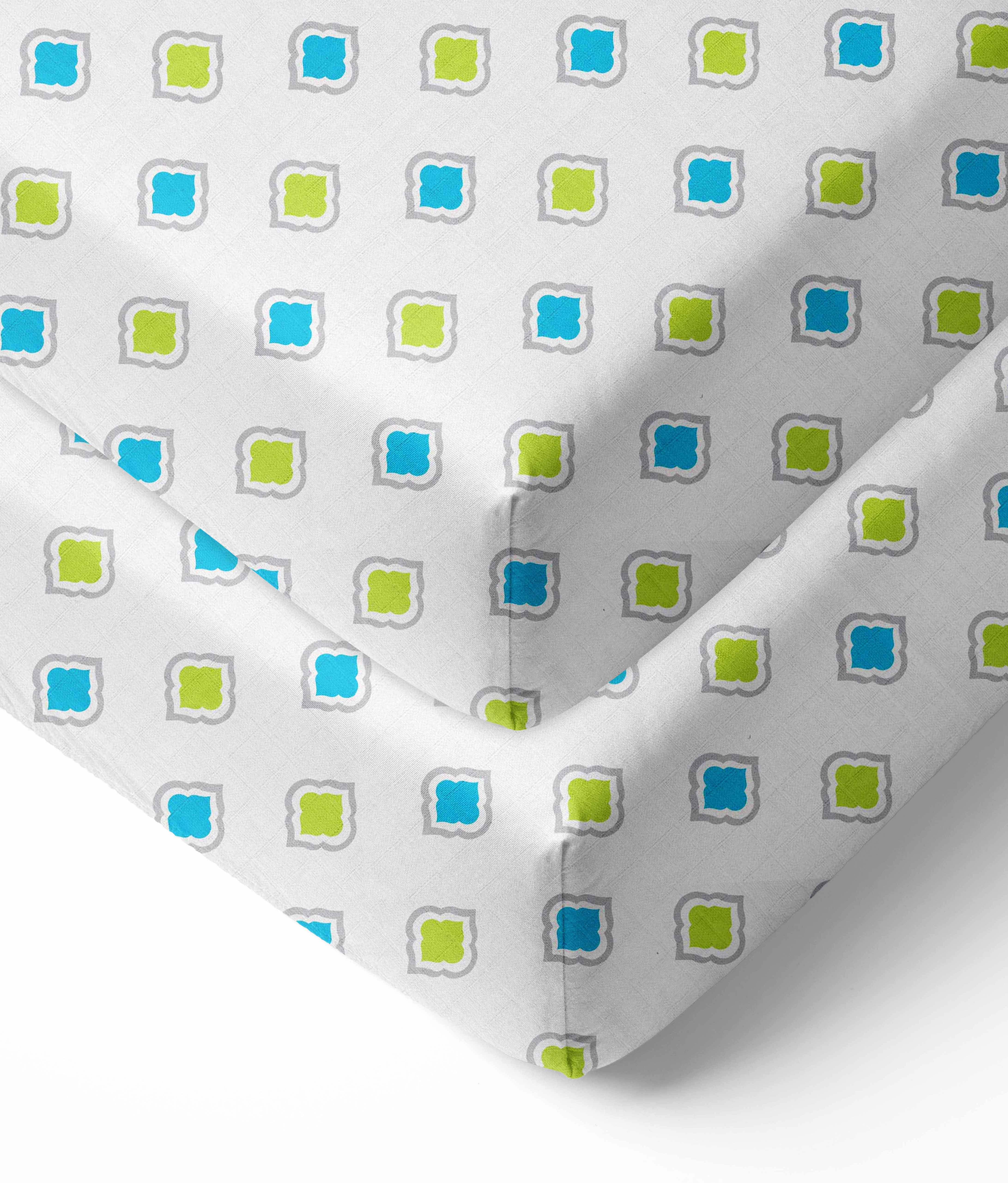 Bacati - Morocan Tiles Crib/Toddler Bed Fitted Sheets 100% Cotton Muslin 2 Pack, Aqua/Lime/Gray