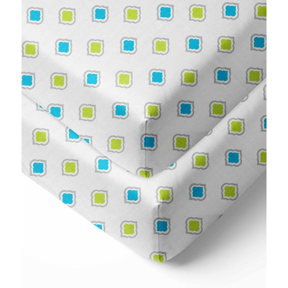 Bacati - Morocan Tiles Crib/Toddler Bed Fitted Sheets 100% Cotton Muslin 2 Pack, Aqua/Lime/Gray