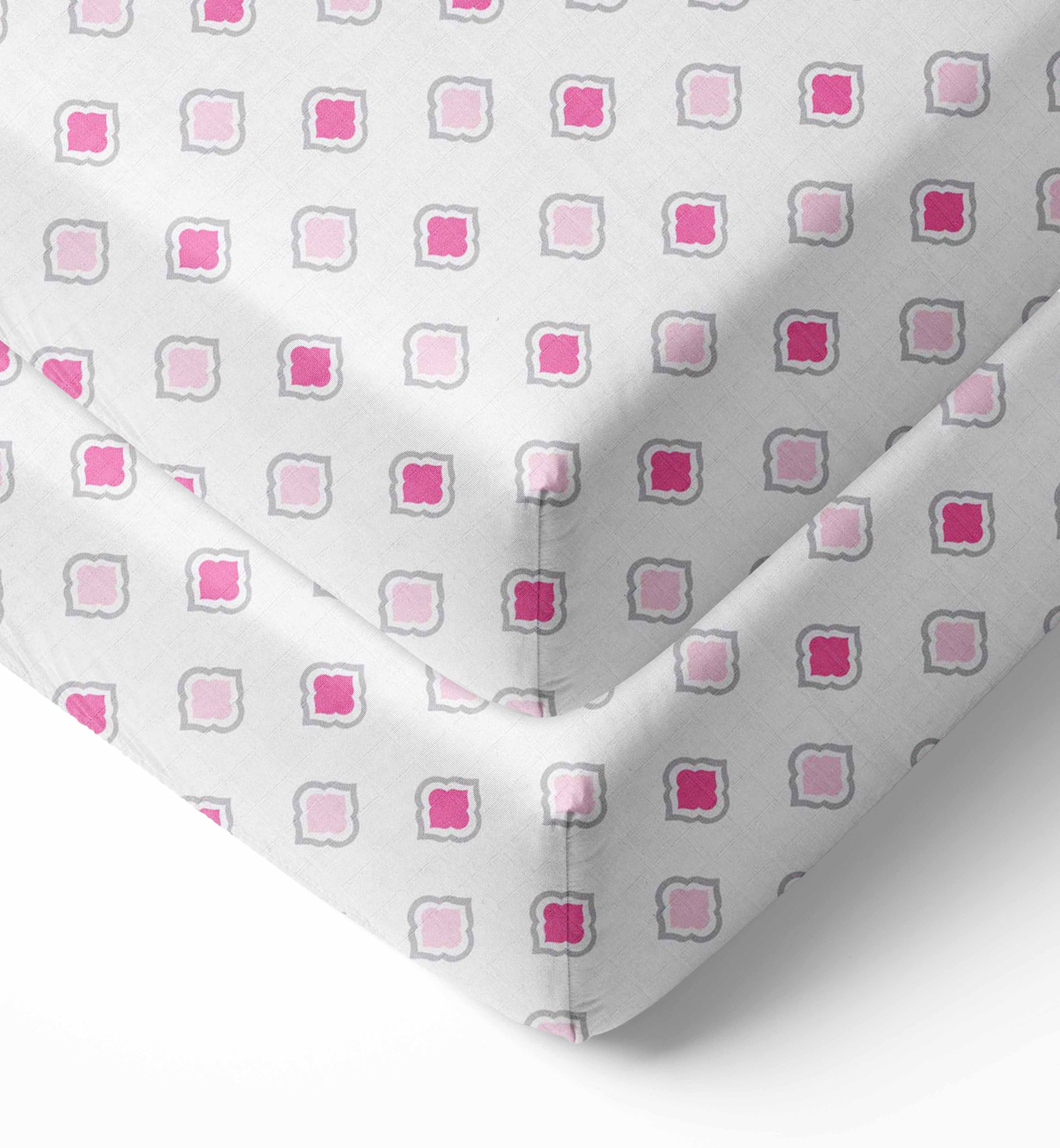 Bacati - Morocan Tiles Crib/Toddler Bed Fitted Sheets 100% Cotton Muslin 2 Pack, Pink/Gray