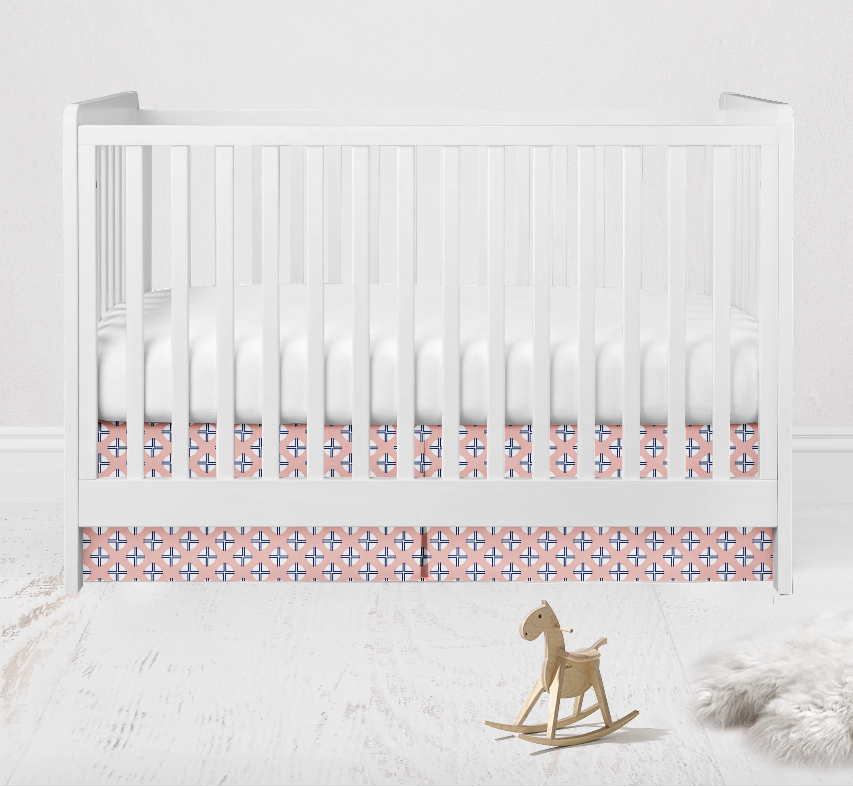 Bacati - Multiple Options of Crib or Toddler Bed Skirt or Dust Ruffle 100% Cotton Percale, Tribal Olivia Coral/Navy