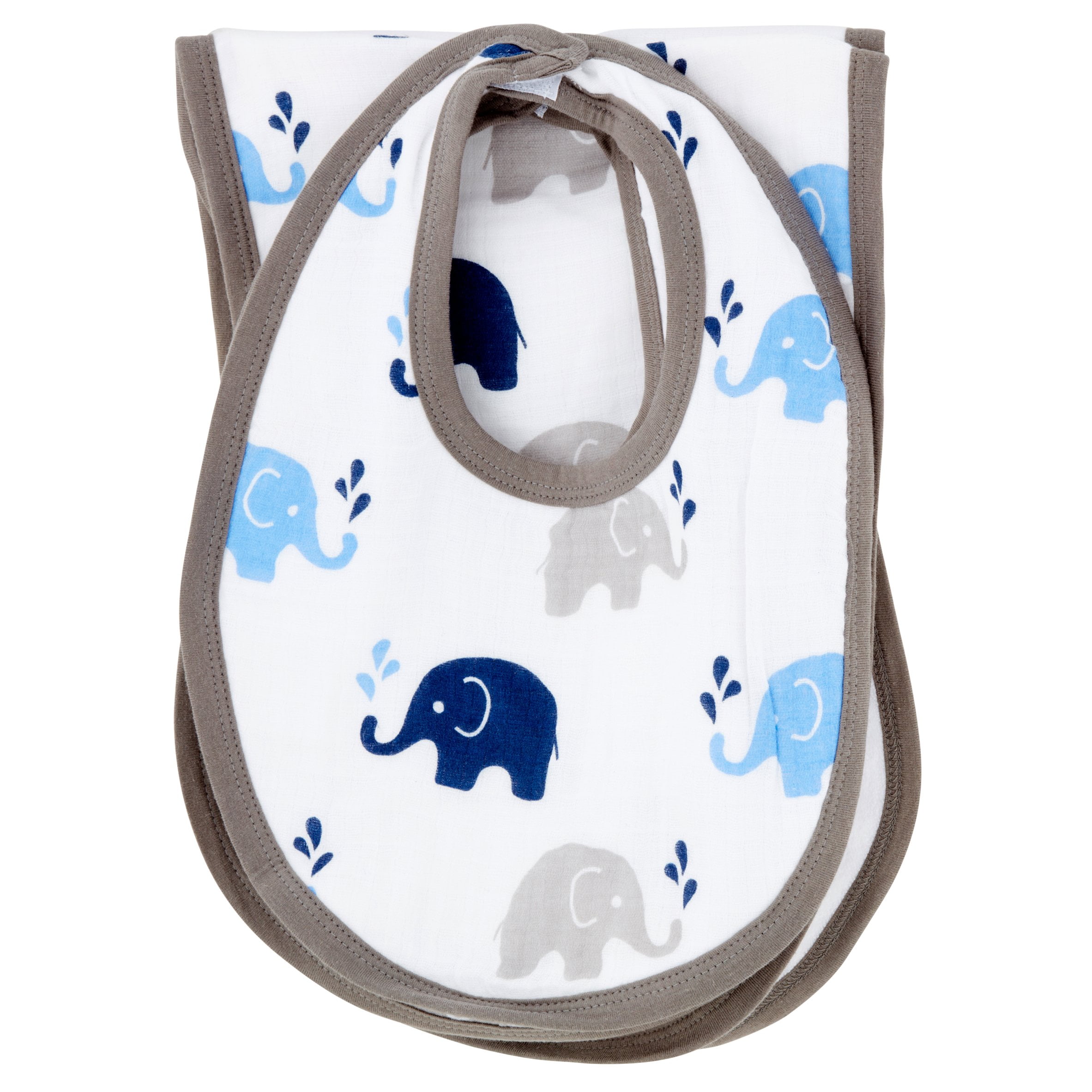 Bacati - Muslin 4 pack Bibs/Burp Cloths Elephants Blue Navy Gray