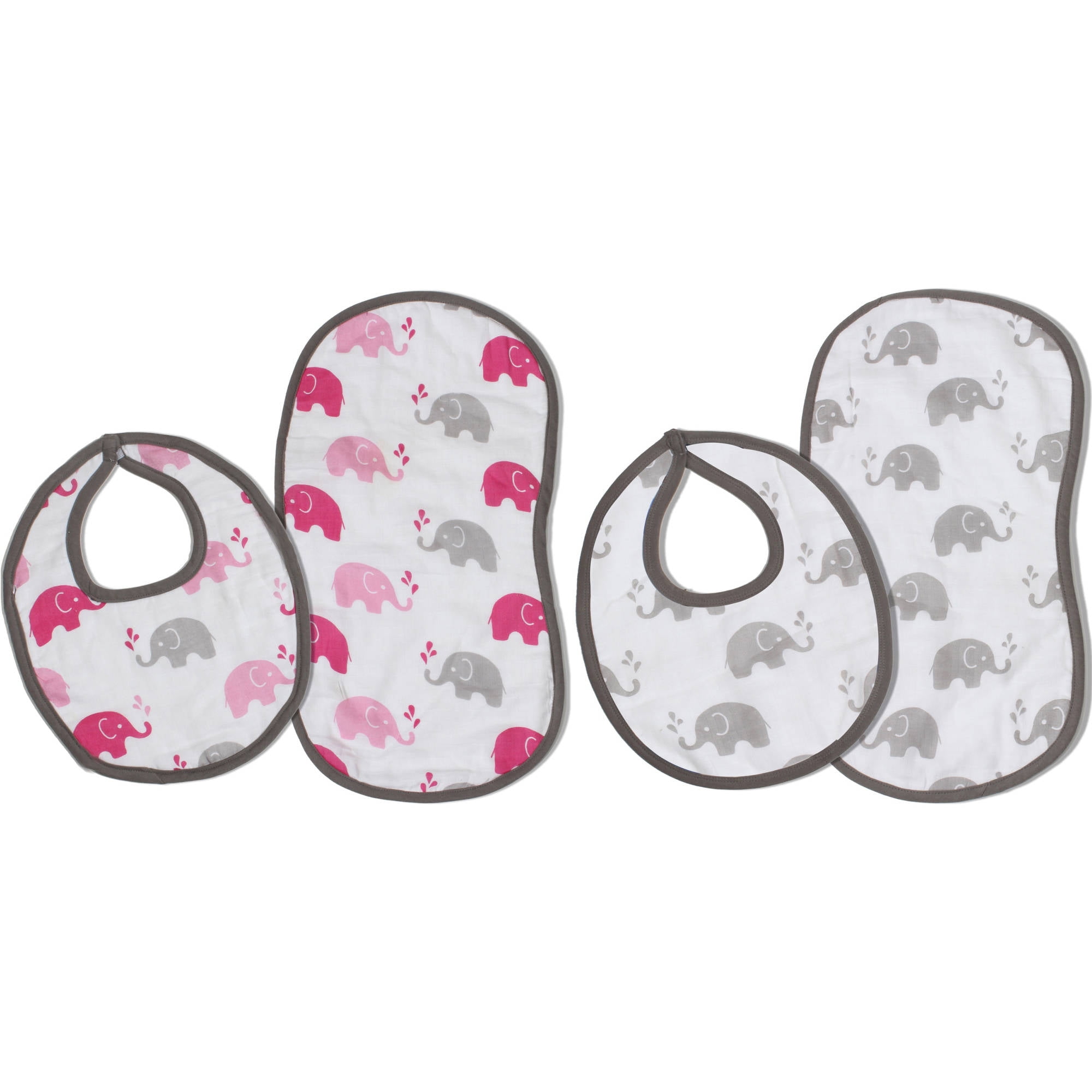 Bacati - Muslin 4 pack Bibs/Burp Cloths Elephants Pink Fuchsia Gray