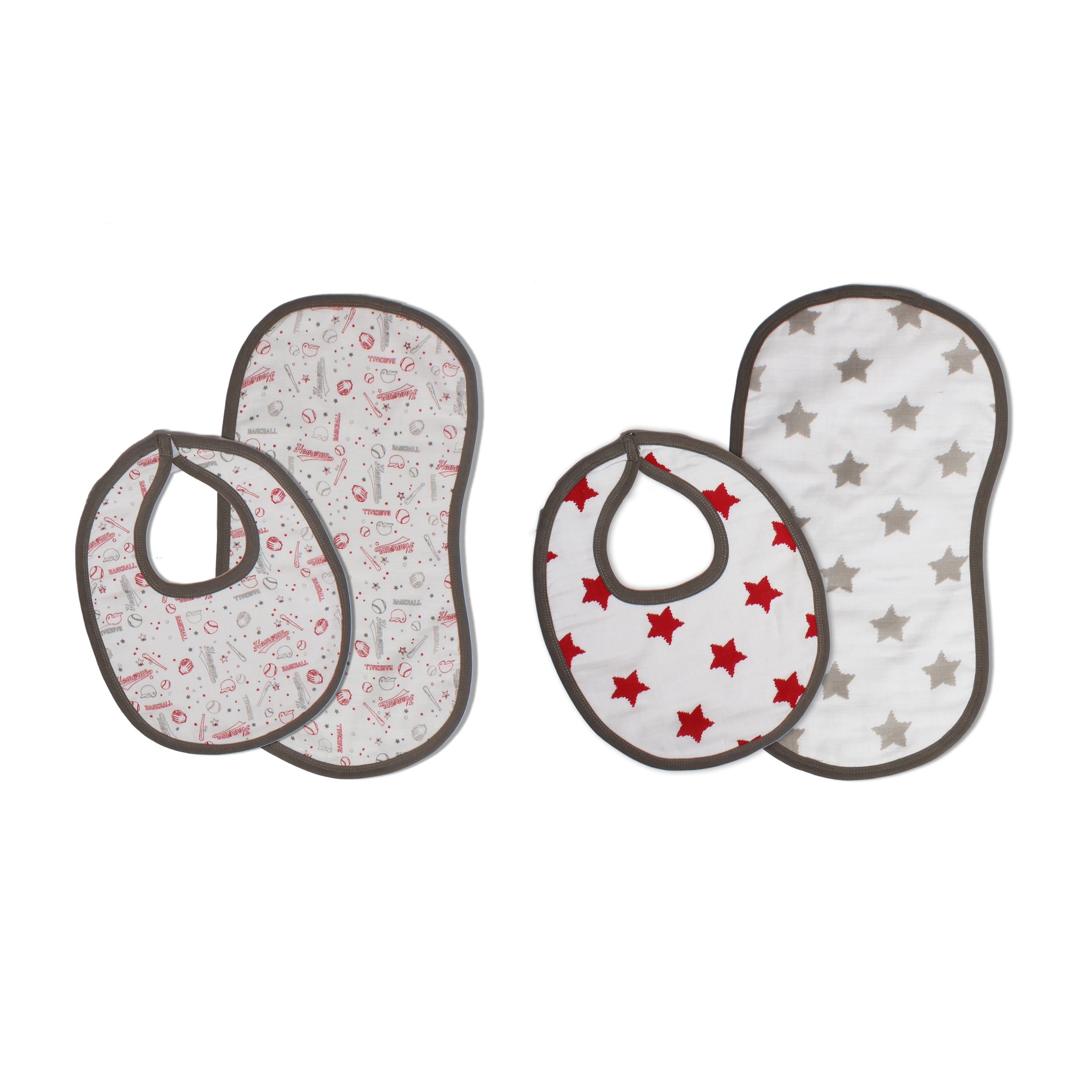 Bacati - Muslin 4 pack Bibs/Burp Cloths Sports Baseball Boys Red Gray