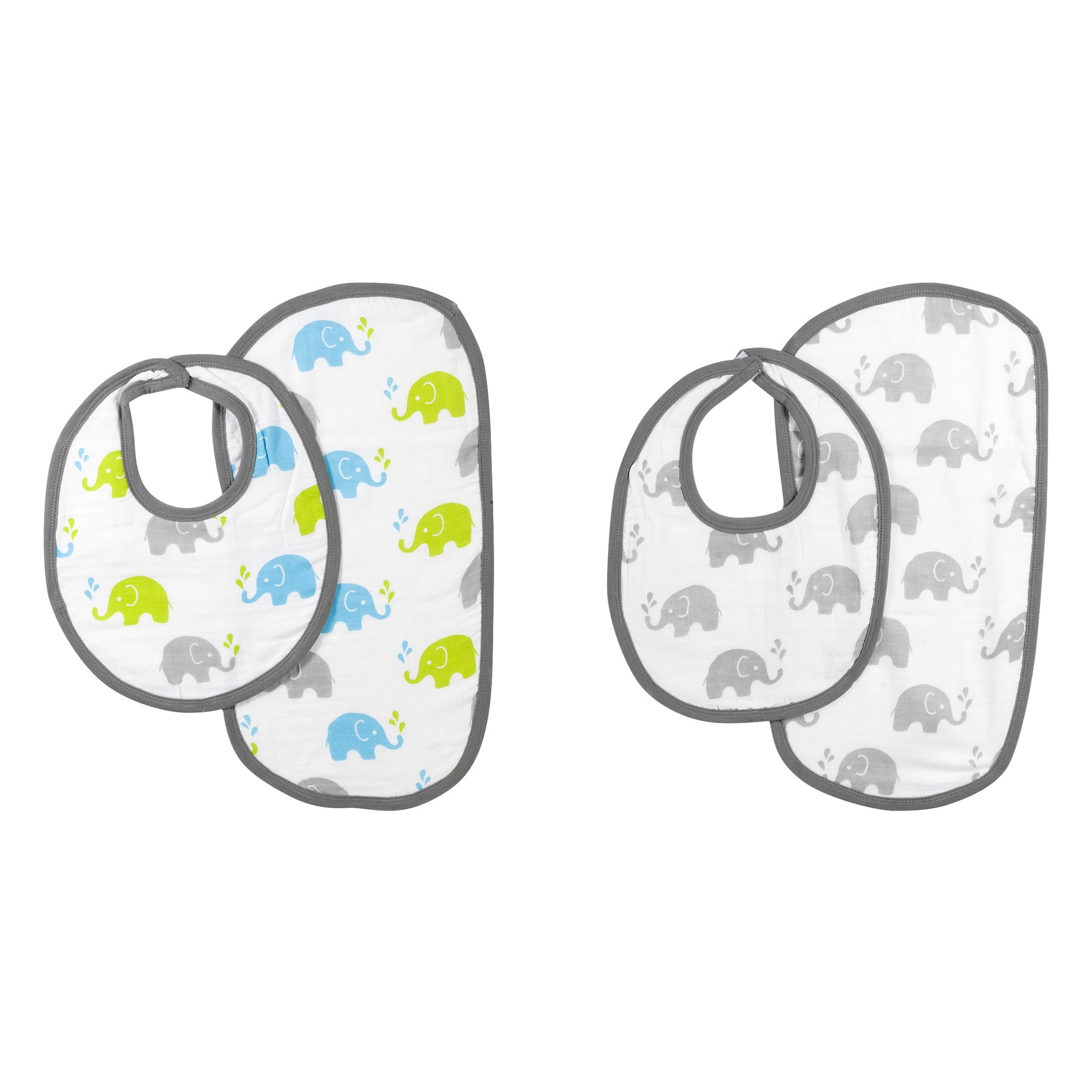 Bacati Muslin Burpies/Bibs, Elephants Aqua/Lime/Grey -  4 PC, 4.0 PIECE(S)
