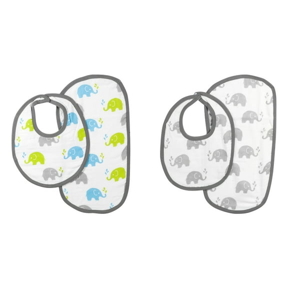 Bacati Muslin Burpies/Bibs, Elephants Aqua/Lime/Grey - 4 PC, 4.0 PIECE(S)
