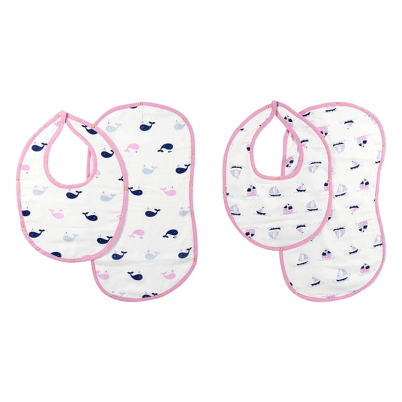 Bacati Muslin Burpies/Bibs, Little Sailor Girls Boats/Whales - 4 PC, 4.0 PIECE(S)