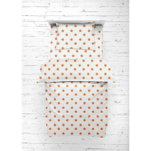 Bacati - Muslin Ikat Stars 4 Piece Neutral Toddler Bedding Set 100 Percent Cotton Includes Reversible Comforter, Fitted Sheet, Top Sheet, and Pillow Case (4 pc Toddler Bedding Set, Orange Stars)