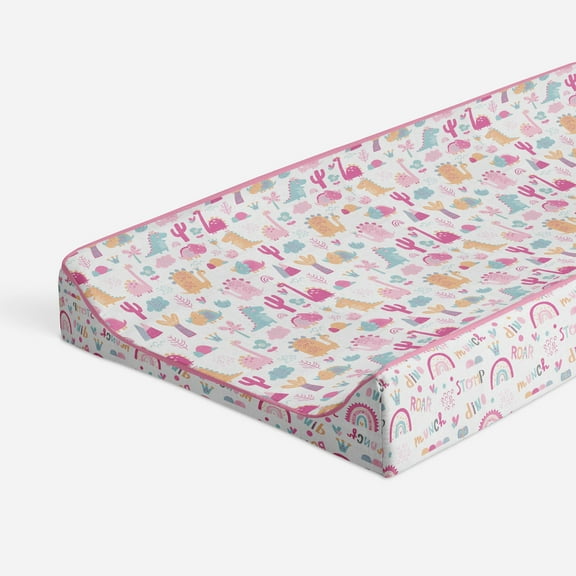 Bacati - Muslin Quilted Changing Pad Cover, Little Dino Girls Pink/Fuchsia/Aqua/Orange