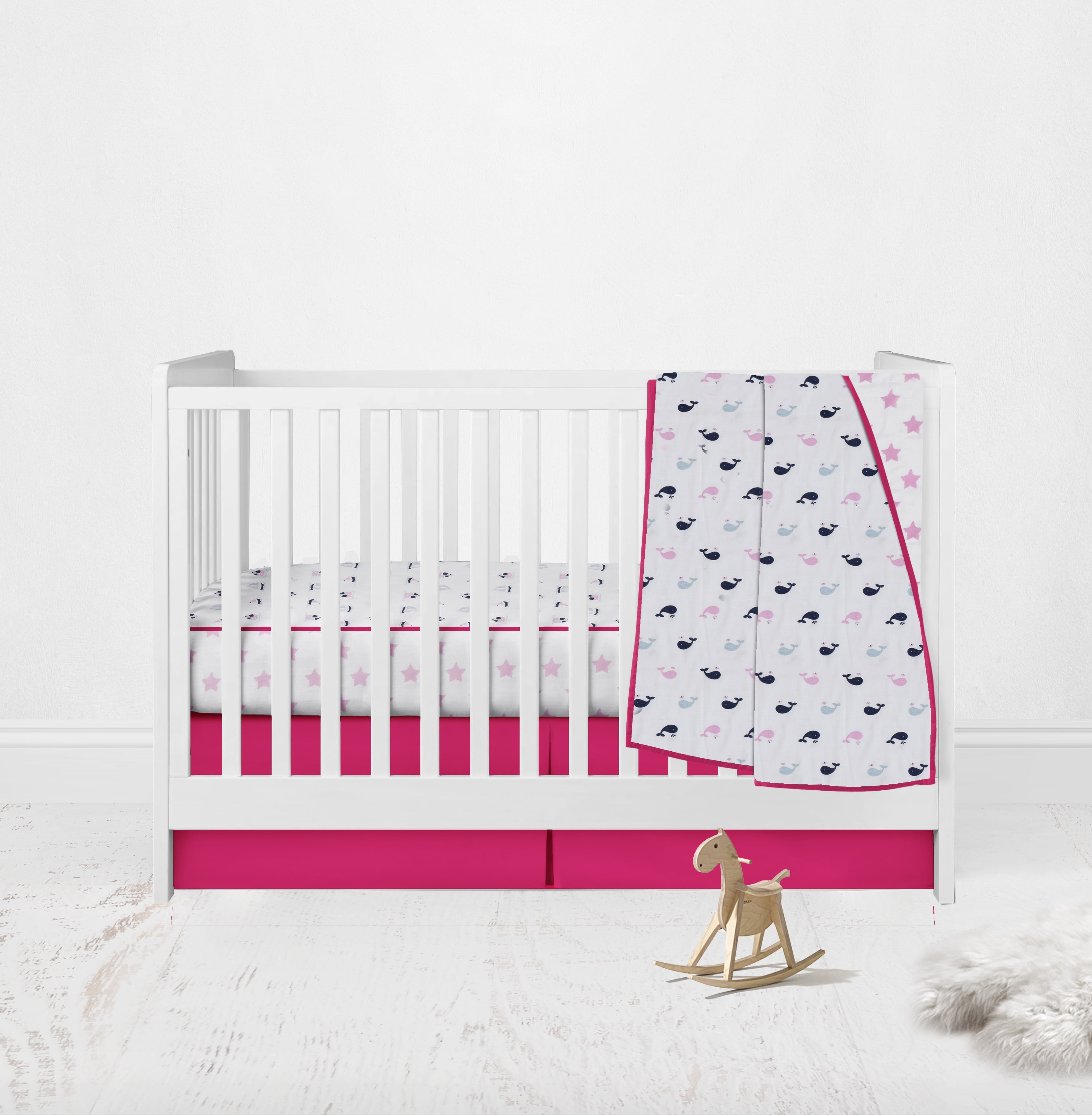 Bacati Nautical Whales/Boats/Stars Girls Pink/Navy 100 Percent Cotton Breathable Muslin 3pc Crib Set with 4 Layer Lux Breathable Muslin Blanket Crib Fitted Sheet and Crib Skirt For US Standard Cribs