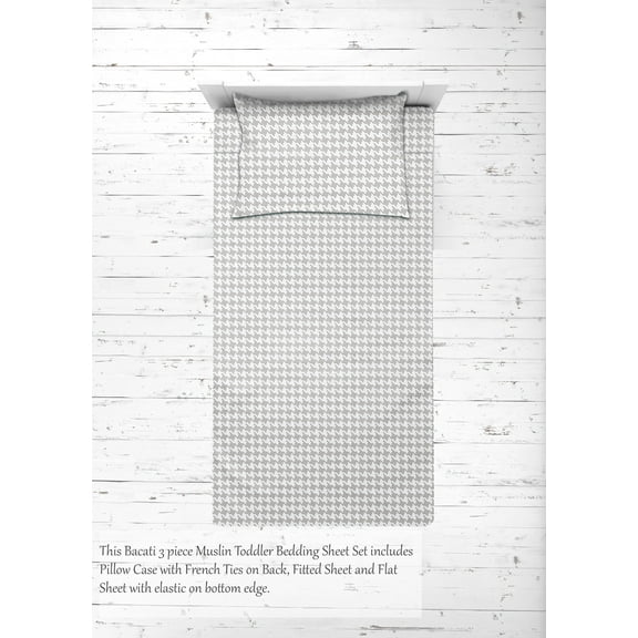 Bacati - Neutral Toddler Bedding/Sheet Set 100% Cotton Muslin, Houndstooth Herringbone Grey