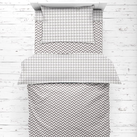 Bacati - Neutral Toddler Bedding/Sheet Set 100% Cotton Muslin, Houndstooth Herringbone Grey