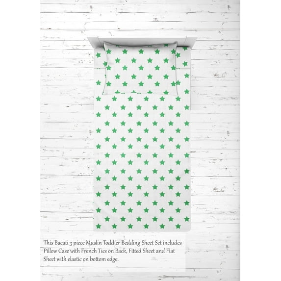 Bacati - Neutral Toddler Bedding/Sheet Set 100% Cotton Muslin, Stars Green