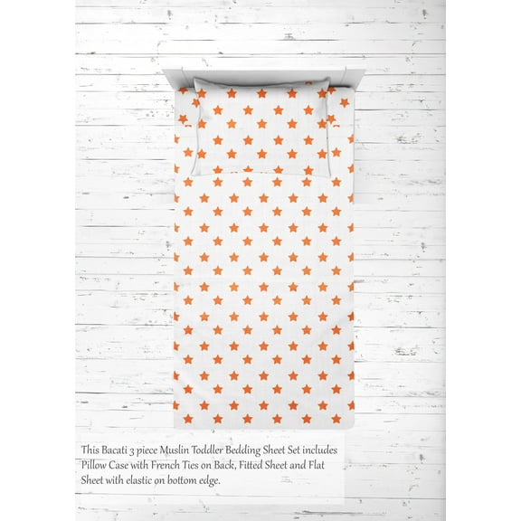 Bacati - Neutral Toddler Bedding/Sheet Set 100% Cotton Muslin, Stars Orange