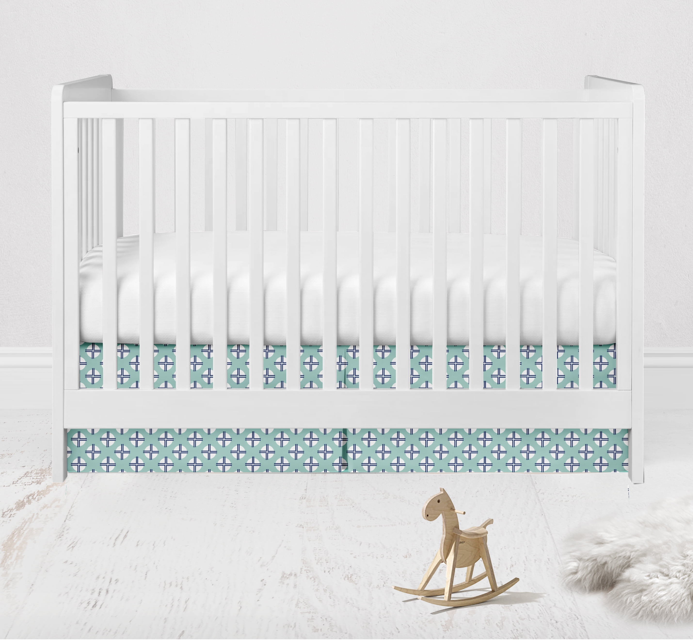 Bacati - Noah Tribal Dots/Cross Mint/Navy Tailored with 100% Cotton Percale 13 inch drop Crib/Toddler Bed Skirt