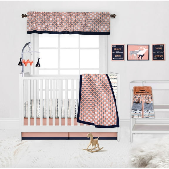 Bacati - Olivia Tribal Coral/Navy 10-Piece Nursery in a Bag 100% Cotton Percale Girls Crib Bedding Set with 2 crib fitted sheets (Bumper Pad not included) for US standard Cribs