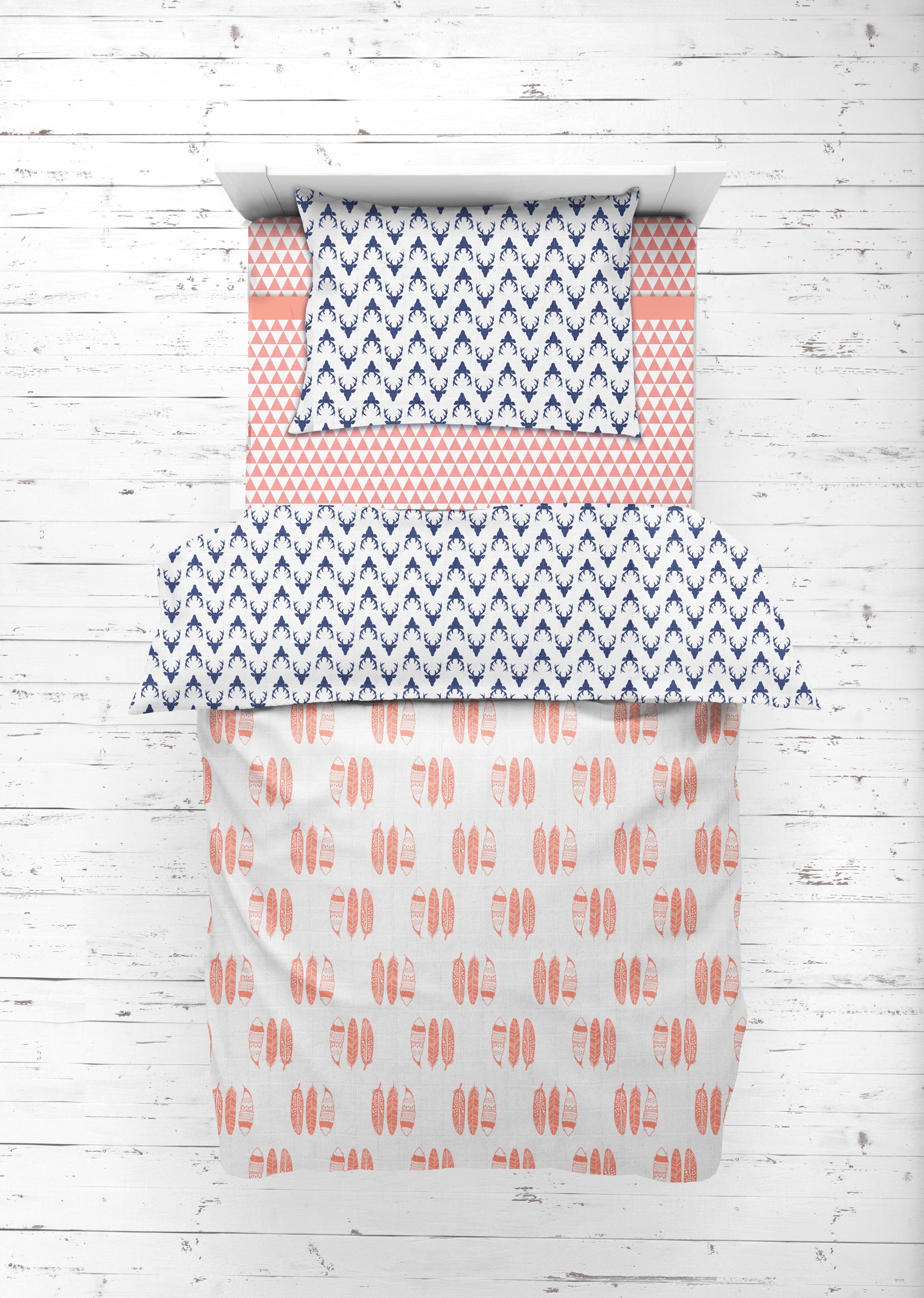 Bacati - Olivia Tribal Coral/Navy Buck/Feathers/Triangles 100% Cotton Muslin 4-Piece Toddler Bedding Set