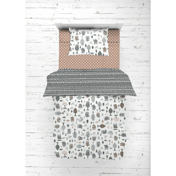 Bacati - Owls Grey/Beige Neutral Cotton 4 pc Toddler Bedding Set
