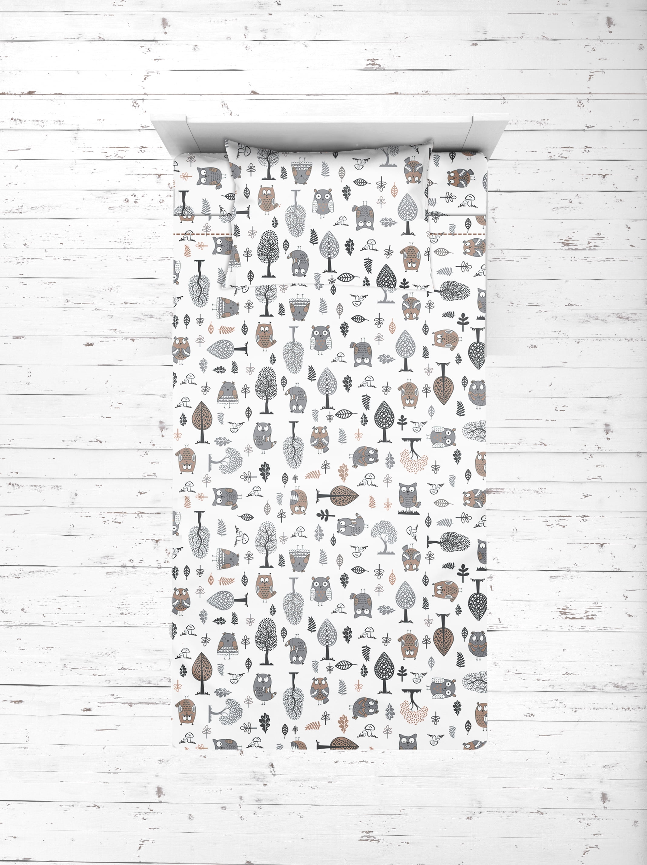 Bacati - Owls Grey/Beige Neutral Cotton Toddler Sheet Set