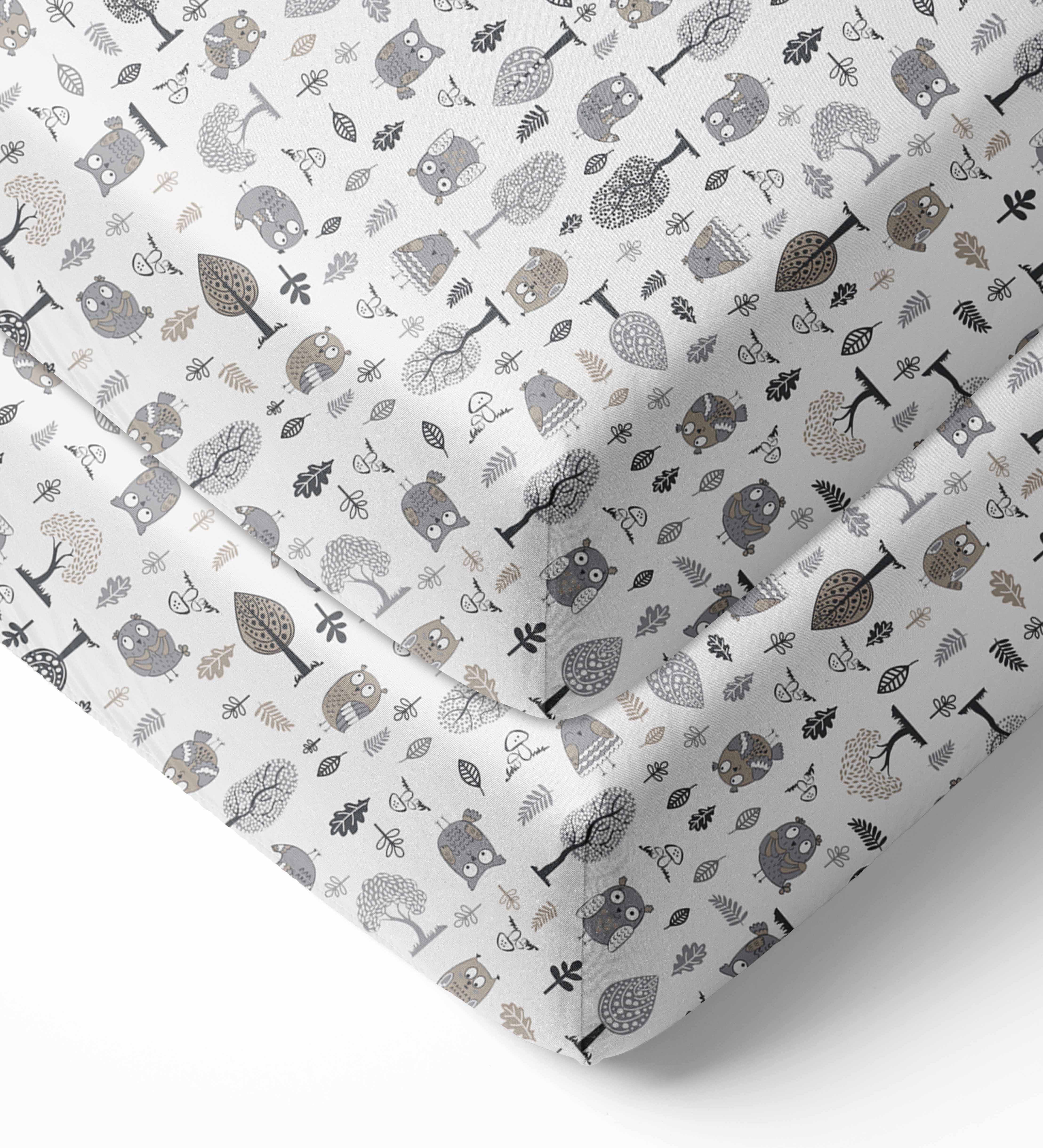 Bacati - Owls Grey/Beige Printed Crib Fitted Sheet