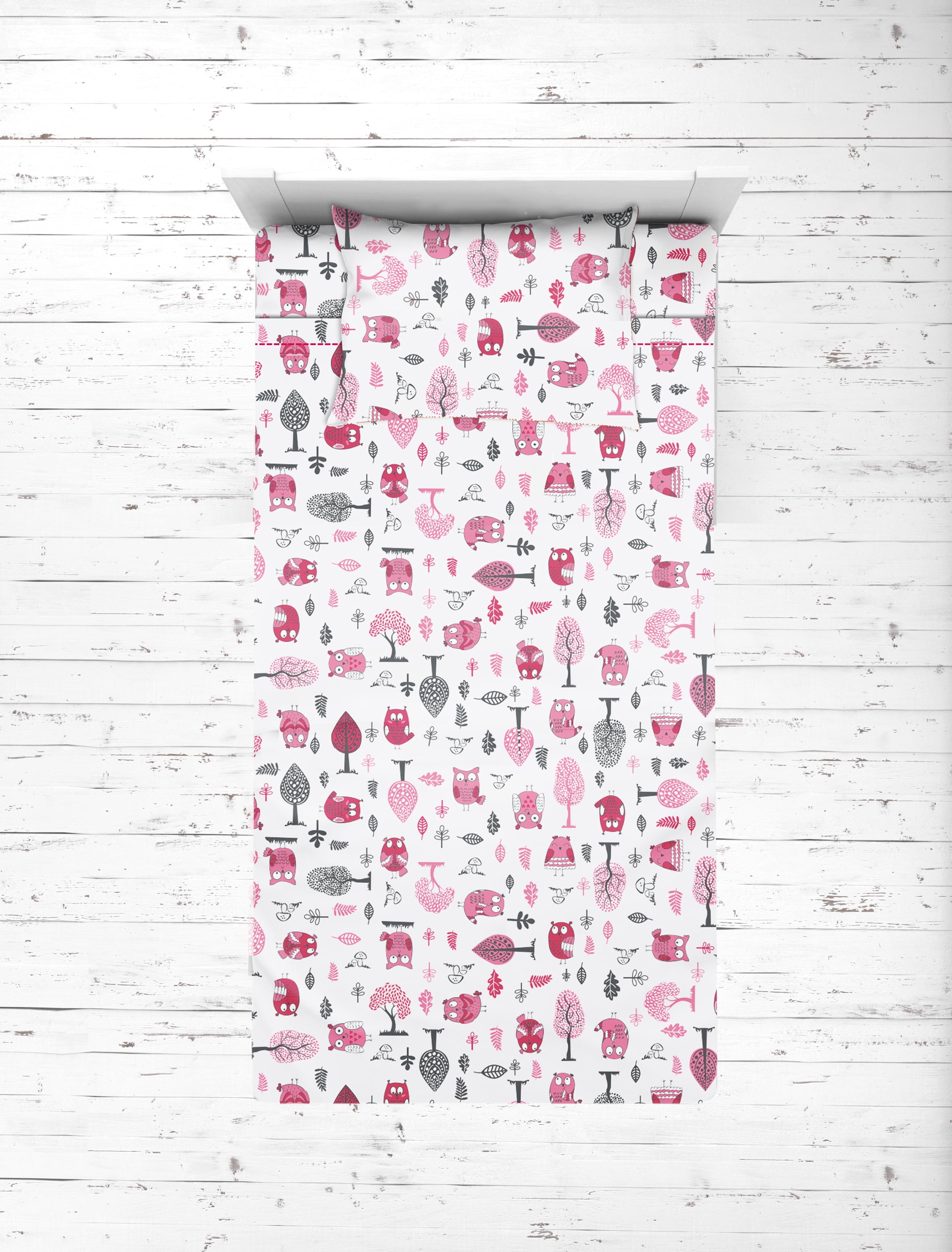 Bacati - Owls Pink/Grey Girls Cotton Toddler Sheet Set