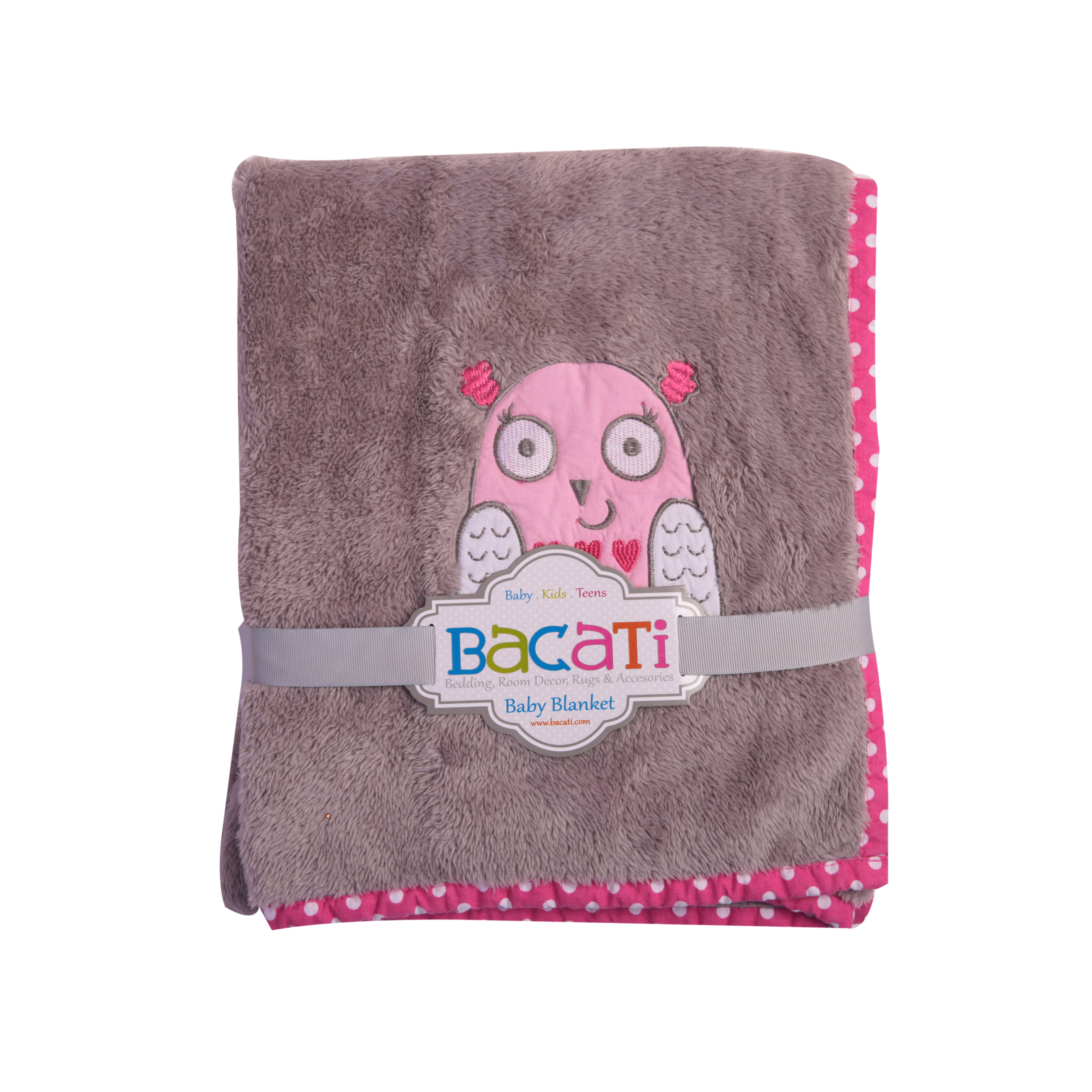 Bacati - Owls Pink/Grey Girls Pink Plush Blanket - image 1 of 8
