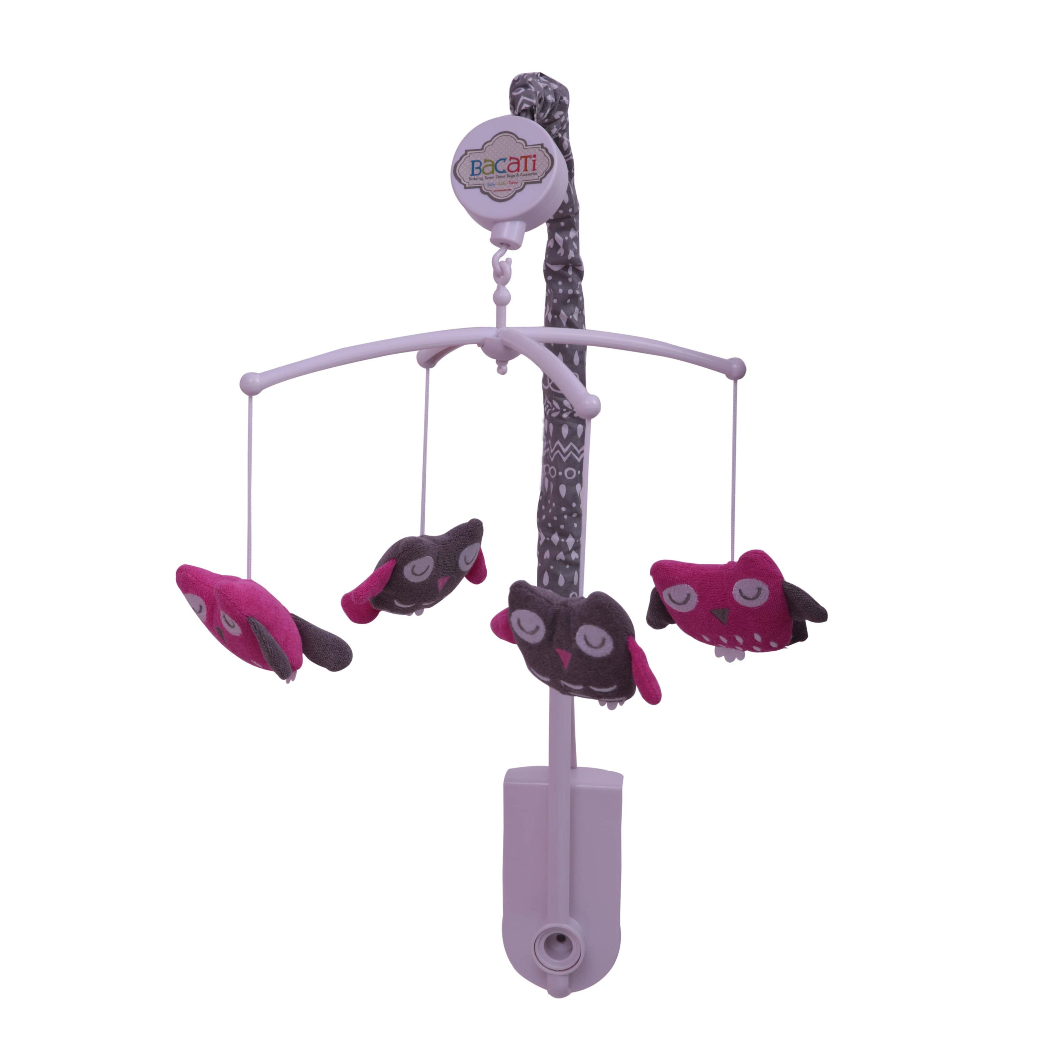 Bacati - Owls in the Woods Pink/Grey Musical Baby Crib Mobile