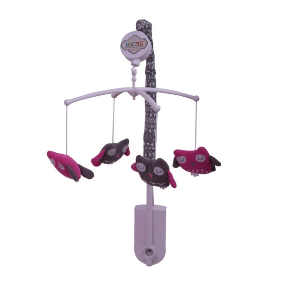 Bacati - Owls in the Woods Pink/Grey Musical Baby Crib Mobile