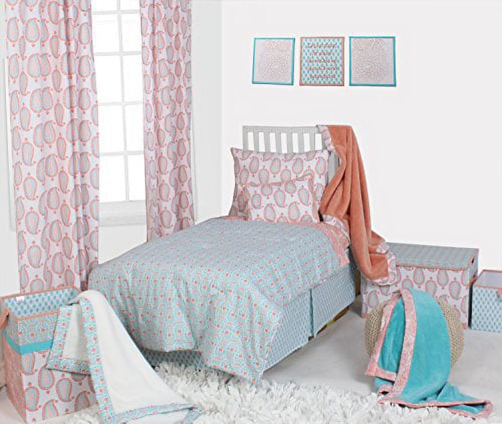 Bacati - Paisley Cotton Percale Girls Toddler Bedding (Coral/Aqua Paisley, 3-Piece Toddler Sheet Set)