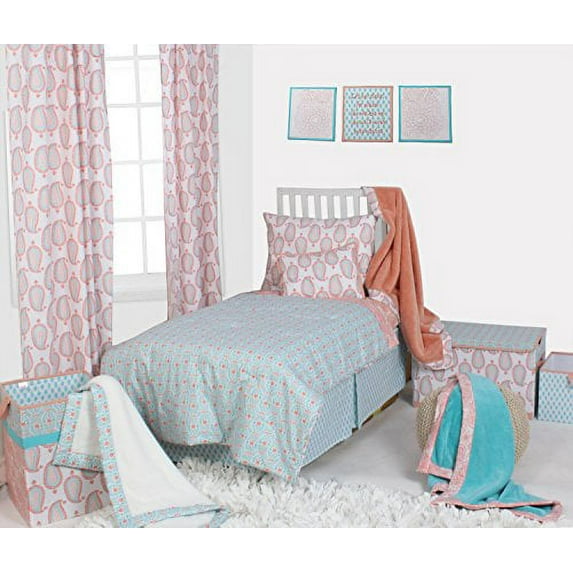 Bacati - Paisley Cotton Percale Girls Toddler Bedding (Coral/Aqua Paisley, 4-Piece Toddler Bedding Set)