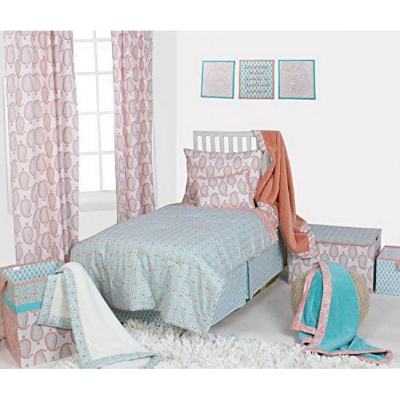 Bacati - Paisley Cotton Percale Girls Toddler Bedding (Coral/Aqua Paisley, 4-Piece Toddler Bedding Set)