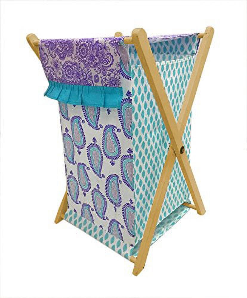 Paisley Aqua and Purple Collapsible Kids Laundry Hamper with Wooden Frame