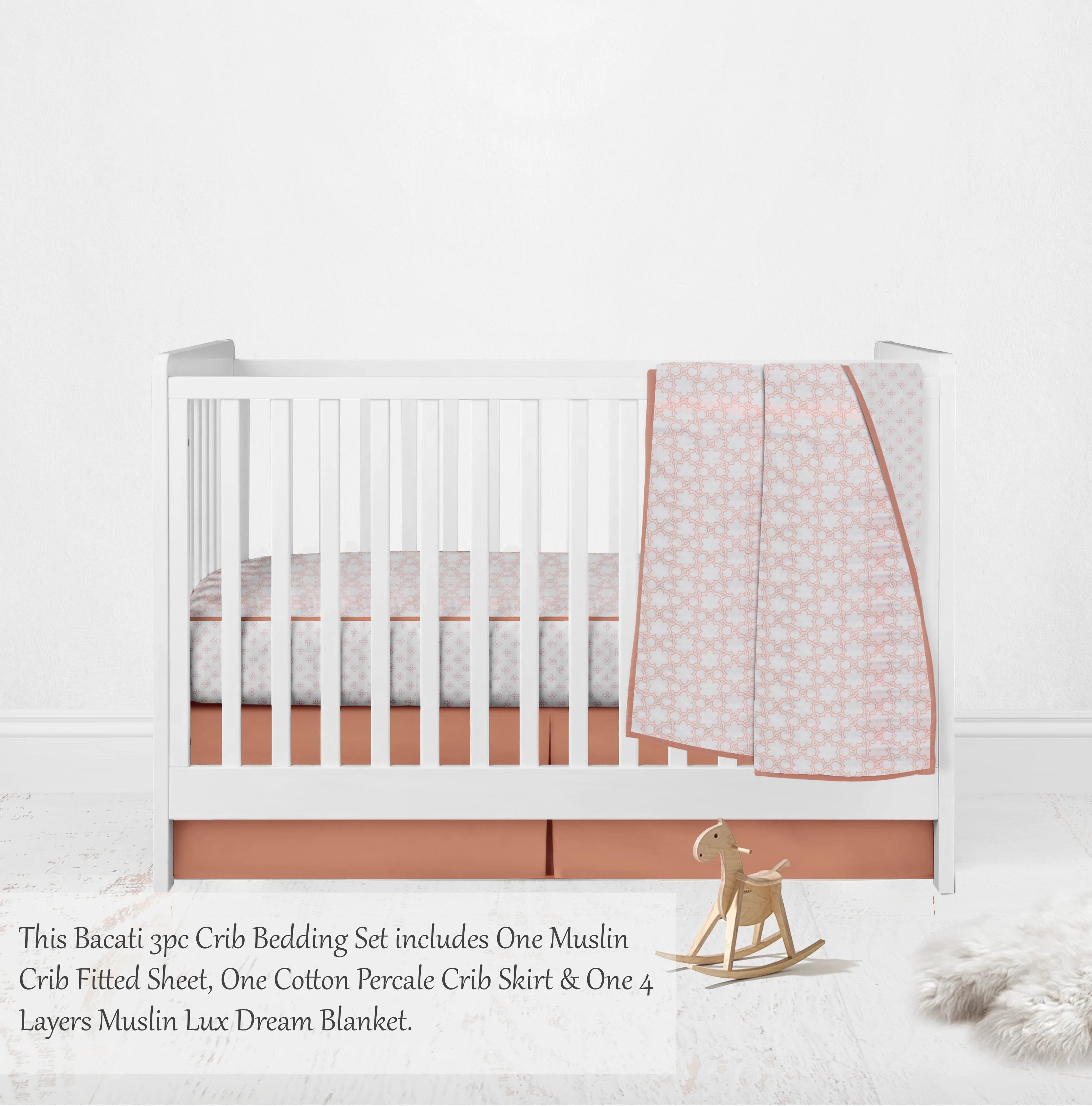 Bacati - Paisley Petals Floral 3-Piece Muslin Crib Bedding Set - Coral Girls