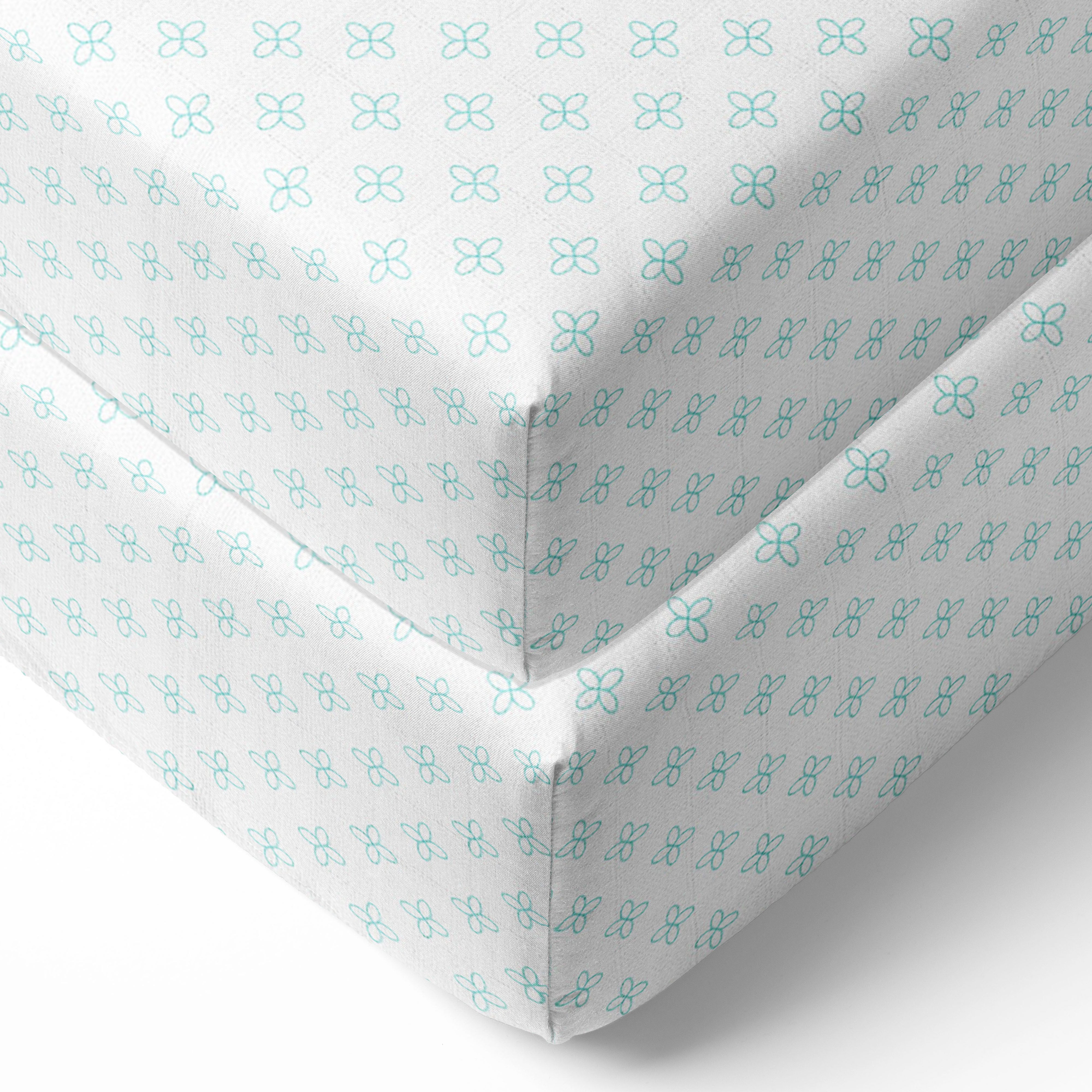 Bacati - Petal Floral Aqua Muslin Crib or Toddler Bed Fitted Sheet 100% Cotton Muslin