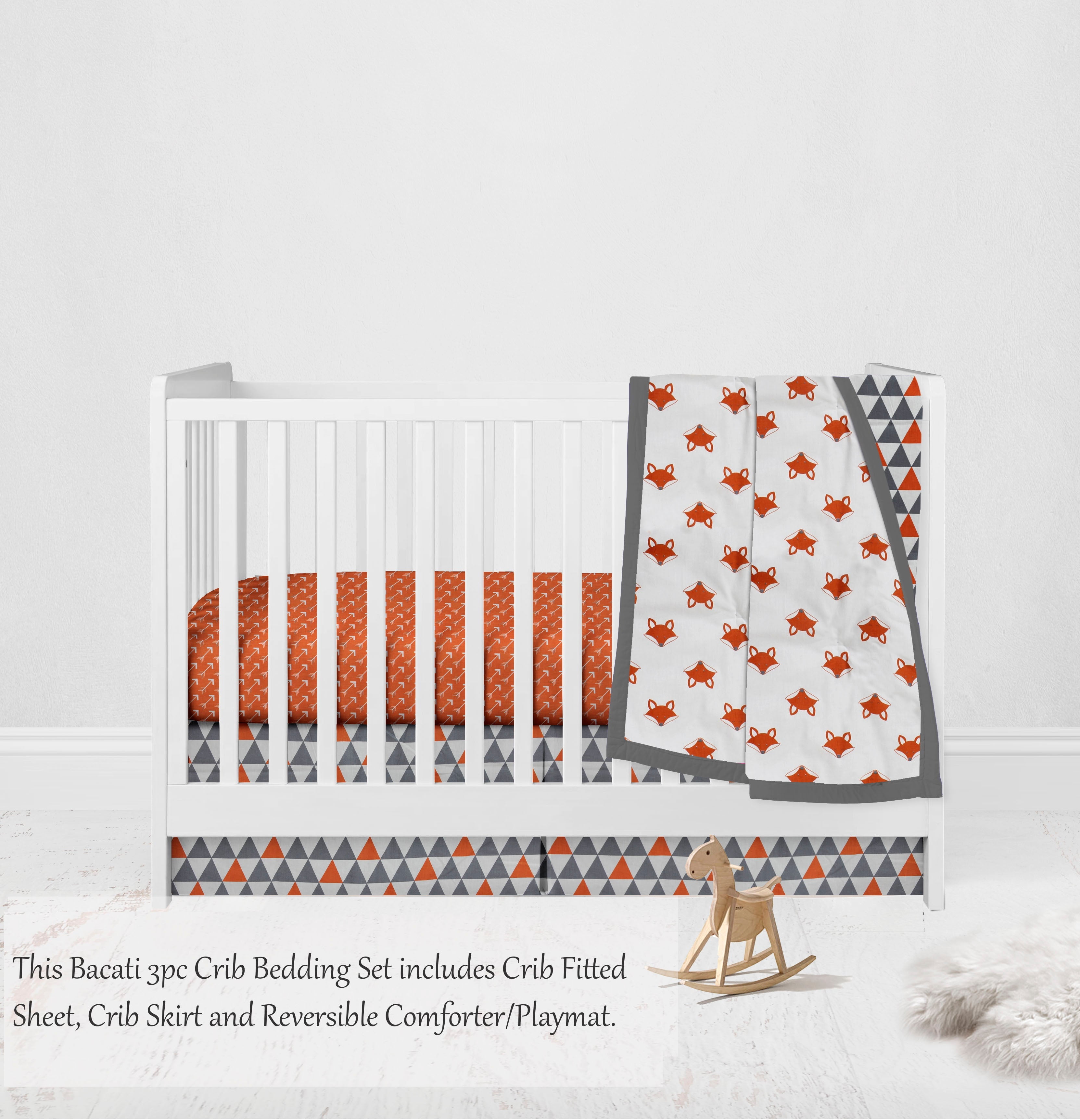 Bacati - Playful Fox 3-Piece Crib Bedding Set - Orange/Grey Unisex