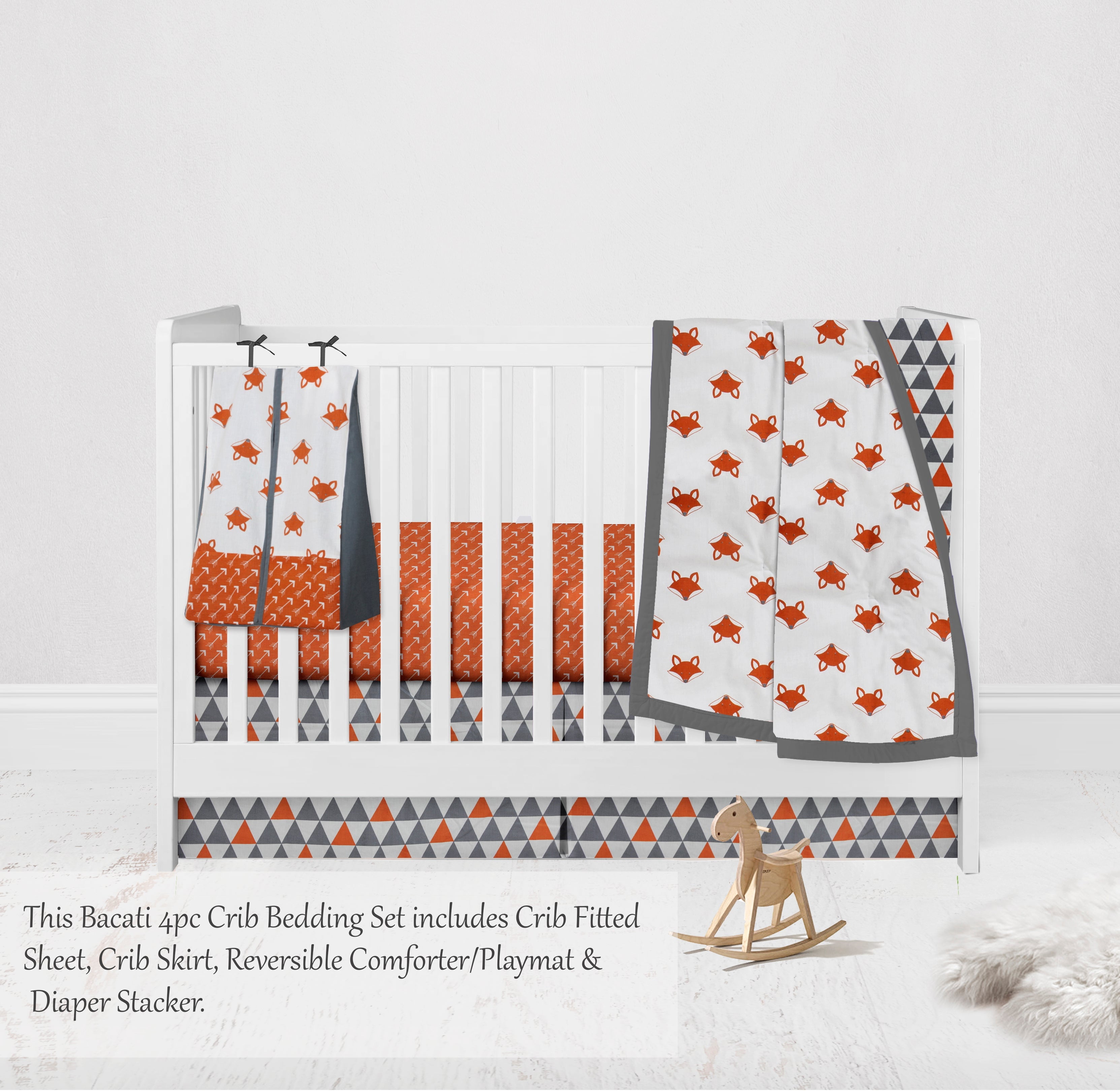 Bacati - Playful Fox 4-Piece Crib Bedding Set with Diaper Stacker - Orange/Grey Unisex