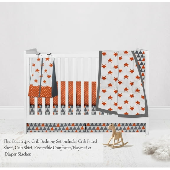 Bacati - Playful Fox 4-Piece Crib Bedding Set with Diaper Stacker - Orange/Grey Unisex
