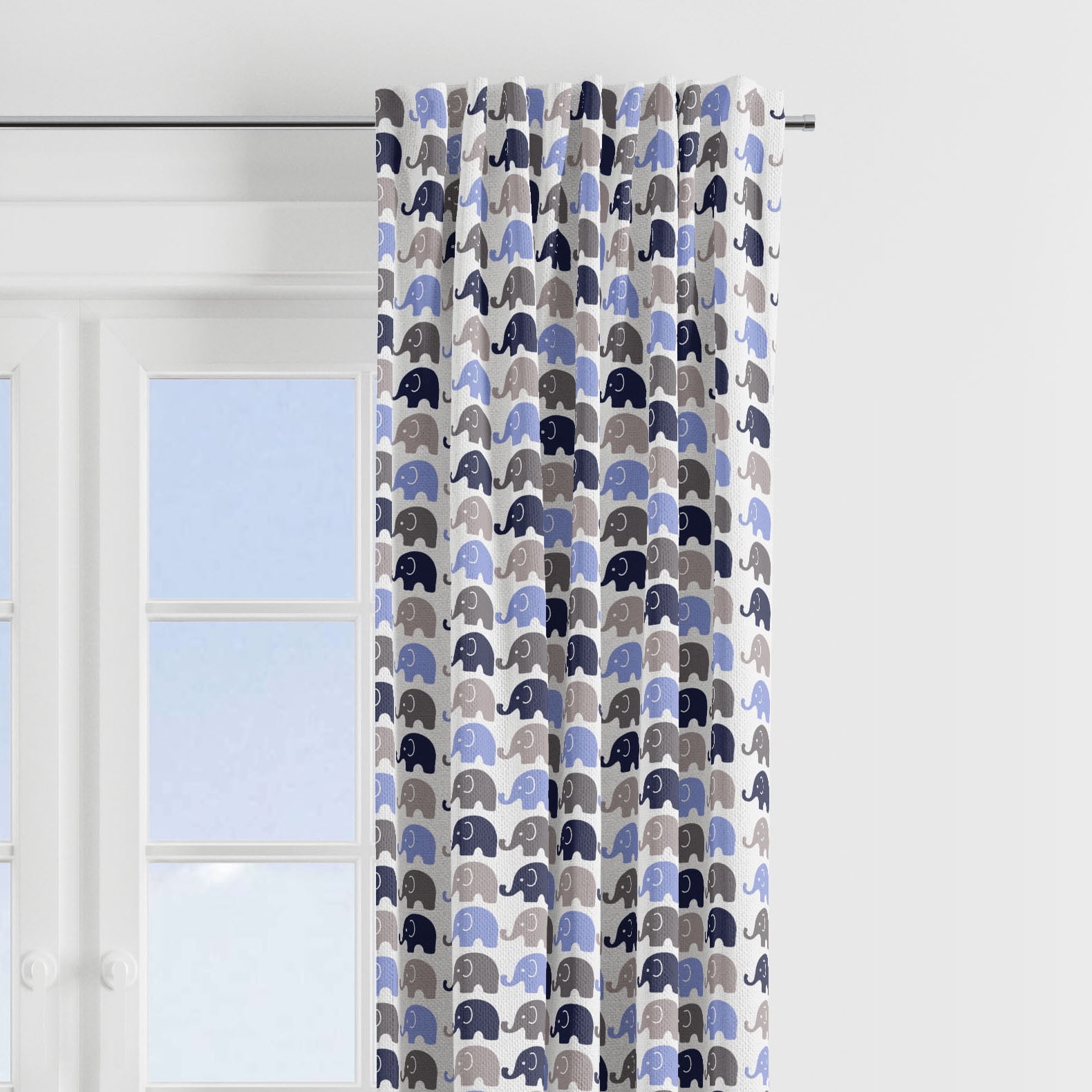 Gray and Blue Cotton Elephant Print Light-Filtering Curtain Panel