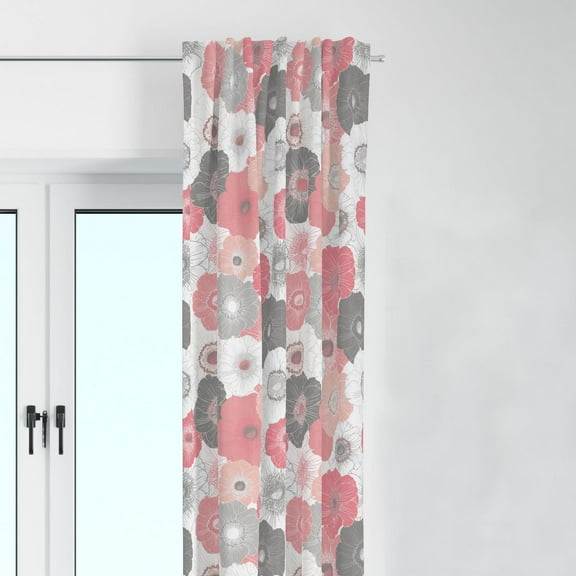 Bacati - Single Light Filtering Curtain Panel Watercolors Coral Gray