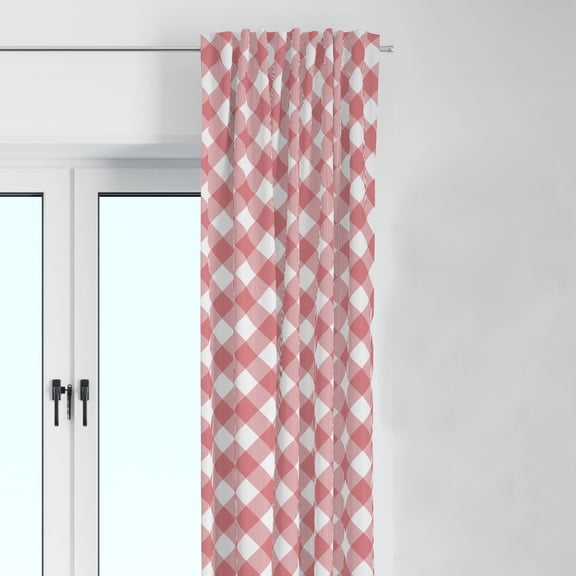 Bacati - Single Light Filtering Curtain Panel Watercolors Plaid Coral Gray