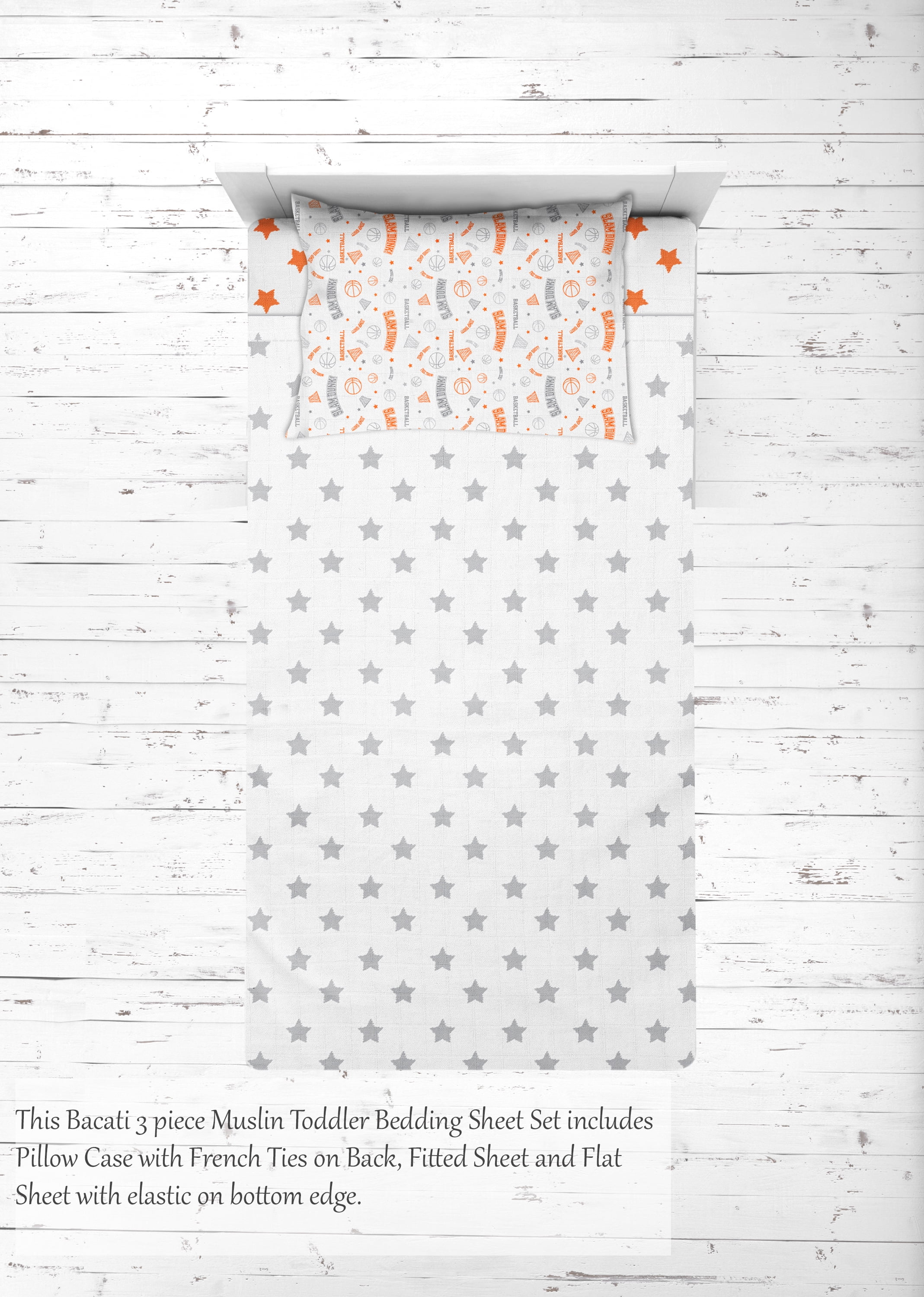 Bacati - Sports 100% Cotton breathable Muslin 3-Piece Toddler Bedding Sheet Set, Basketball Orange/Grey