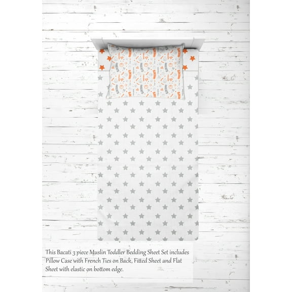 Bacati - Sports 100% Cotton breathable Muslin 3-Piece Toddler Bedding Sheet Set, Basketball Orange/Grey