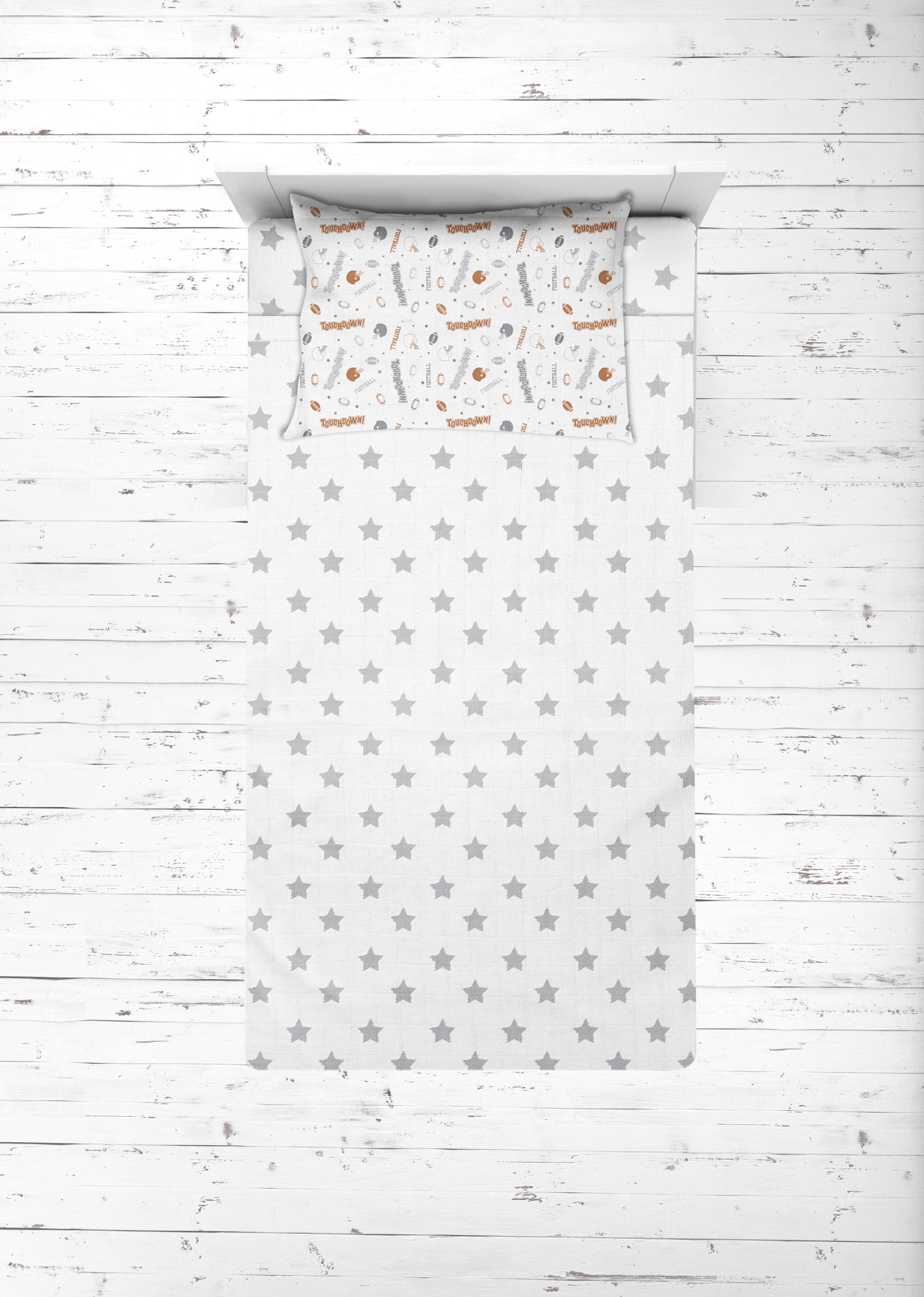 Bacati - Sports 100% Cotton breathable Muslin 3-Piece Toddler Bedding Sheet Set, Football Brown/Grey