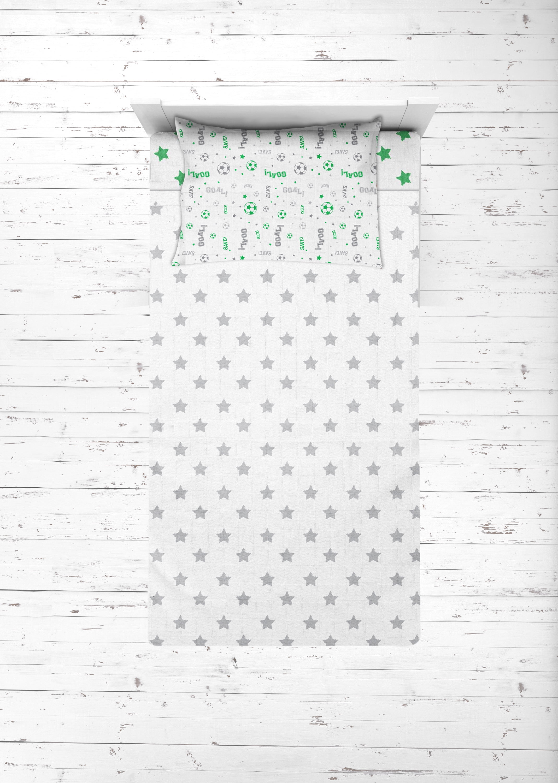 Bacati - Sports 100% Cotton breathable Muslin 3-Piece Toddler Bedding Sheet Set, Soccer Green/Grey